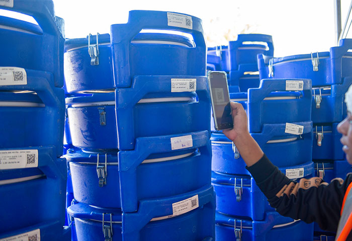 Colaborador da Campodoro escaneando QR codes em embalagens azuis padronizadas com smartphone, garantindo rastreabilidade logística